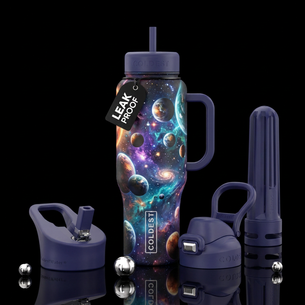 A multiverse planet landscape in space with celest... water bottle design