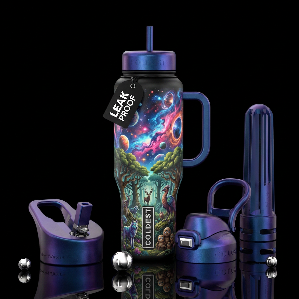 A realistic  forest with trees bushes and plants l... water bottle design