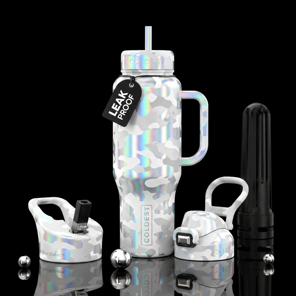 Moonlit snow camo water bottle design
