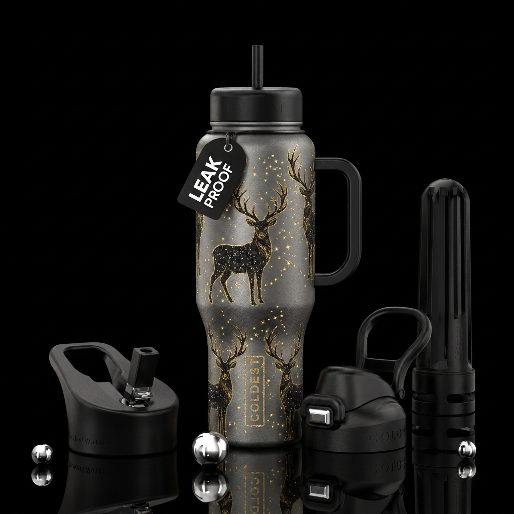 Dark grey base black handle and lids black and gol... water bottle design