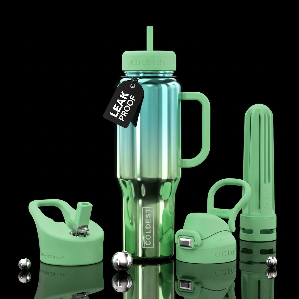 Light green handle and lids  teal chrome reflectio... water bottle design