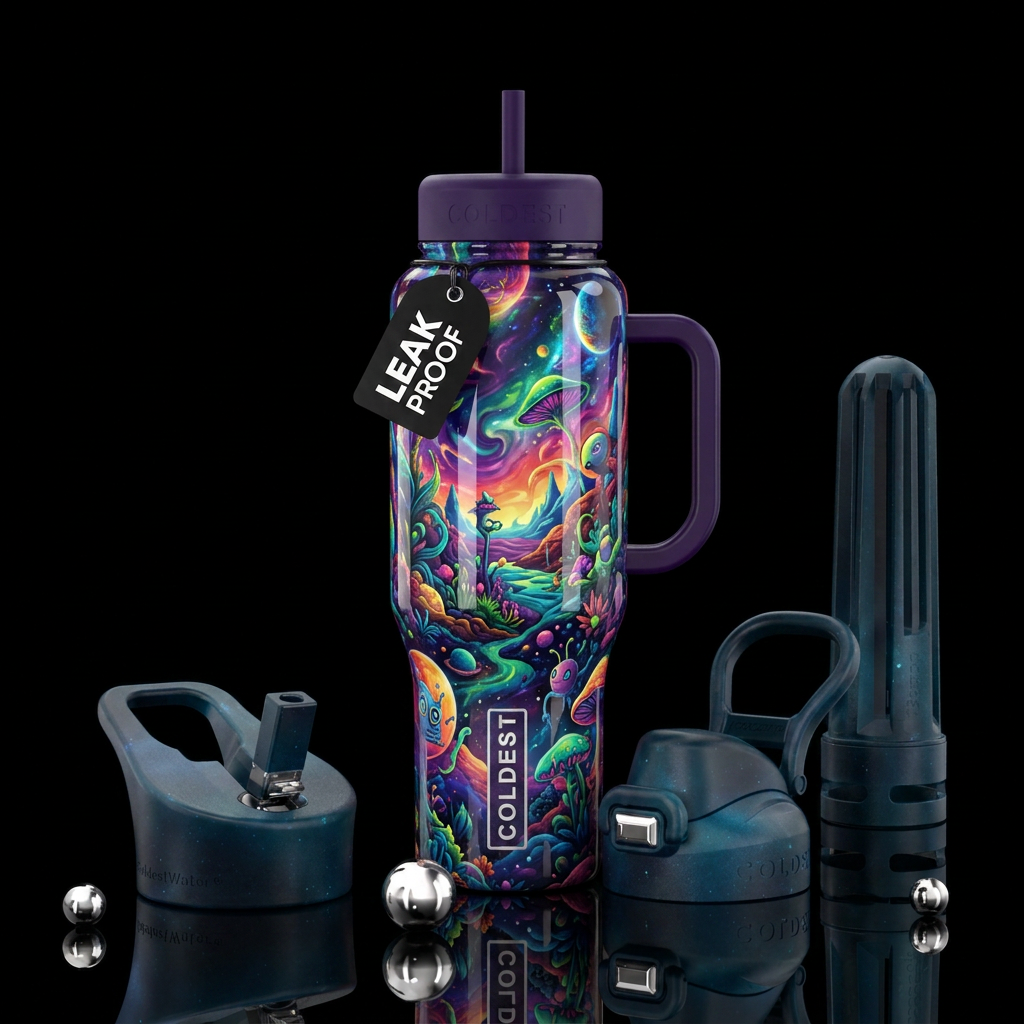 A psychedelic odyssey alien planet multiple differ... water bottle design