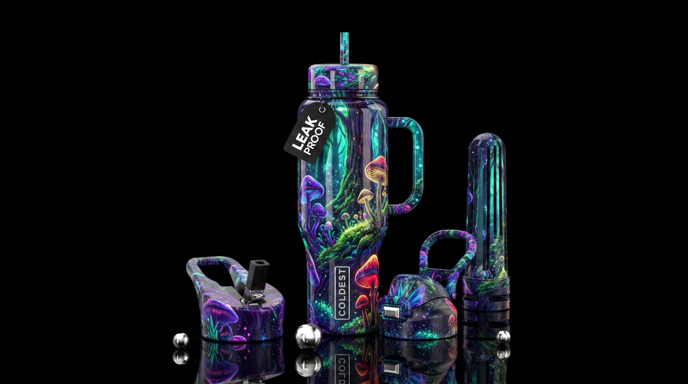 Psychedelic bioluminescent glow in the dark mushro... water bottle design