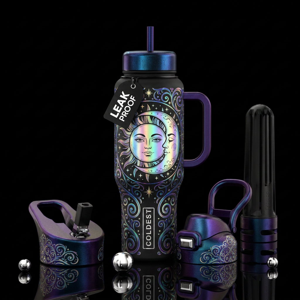 Black base handle and lids holographic sun and moo... water bottle design