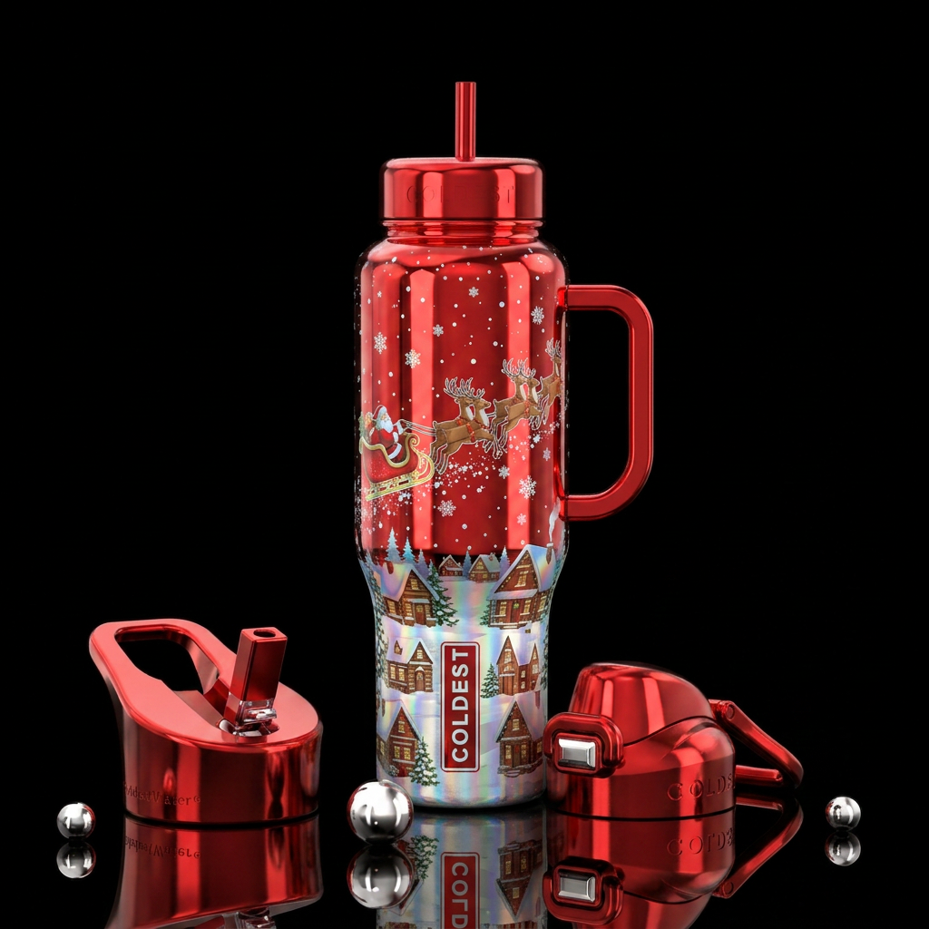 Red chrome reflections base handle and lids realis... water bottle design