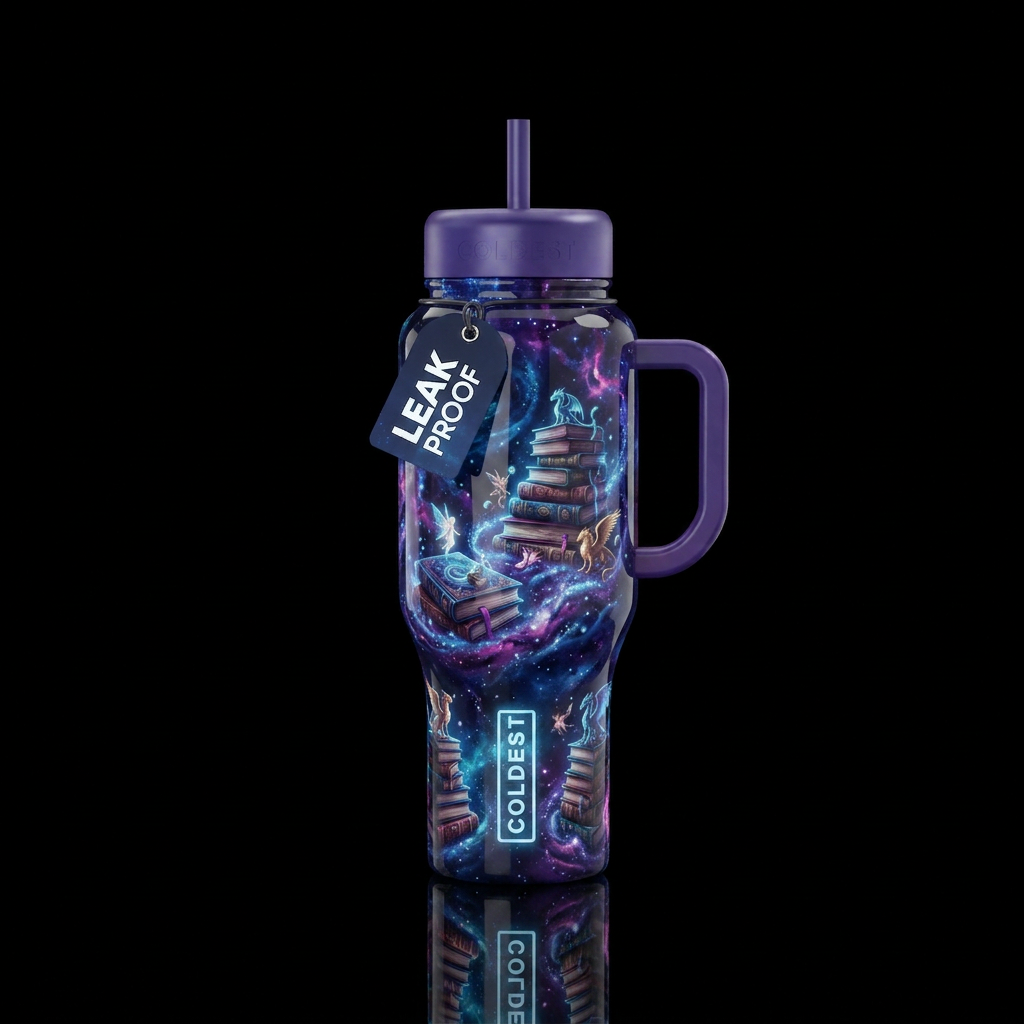 Cosmic colors multiple different stacks of books a... water bottle design