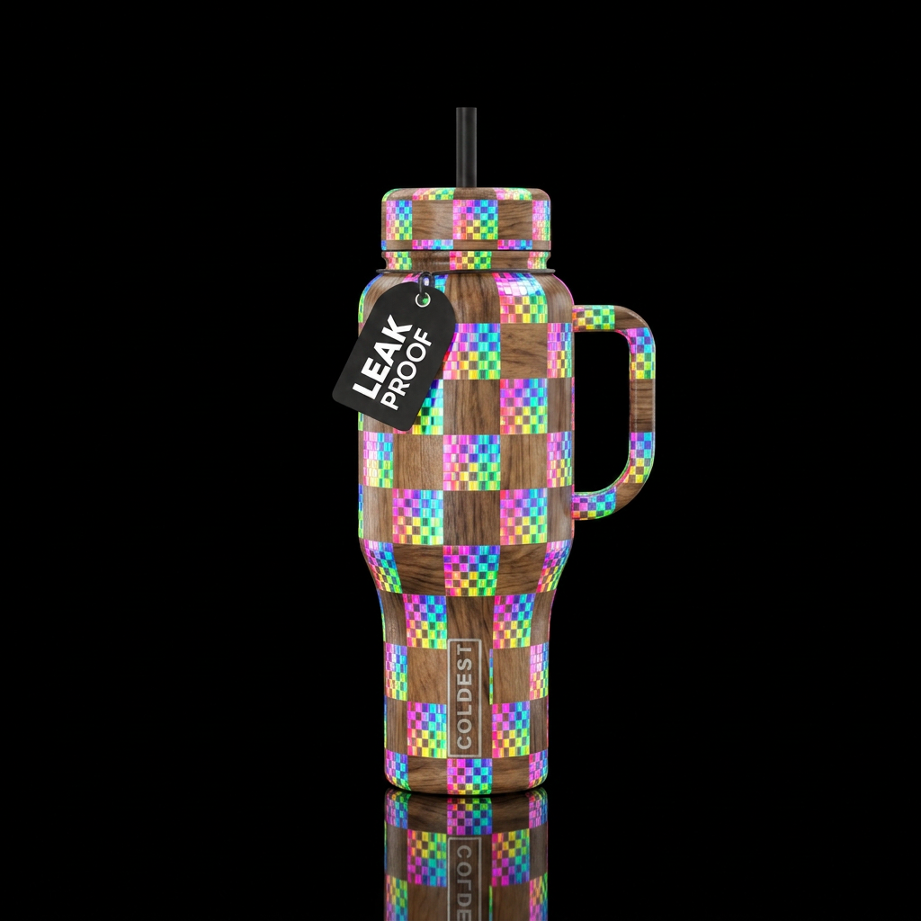 Cosmic checkered water bottle design