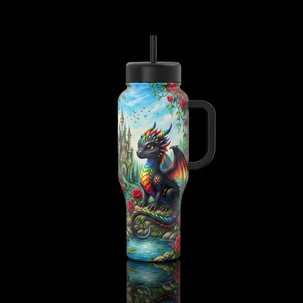 Black baby dragon with rainbow tip scales red rose... water bottle design