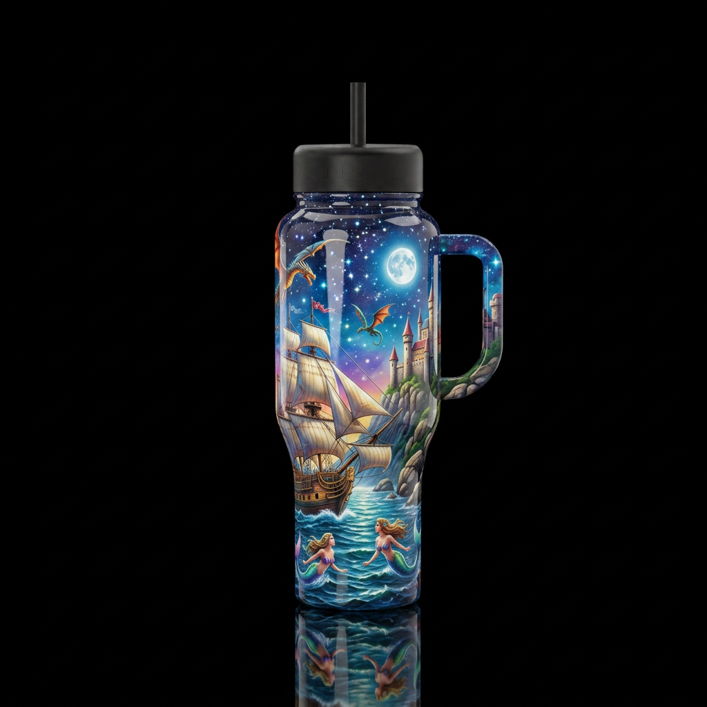 Realistic A vintage ship sailing the bright ocean ... water bottle design