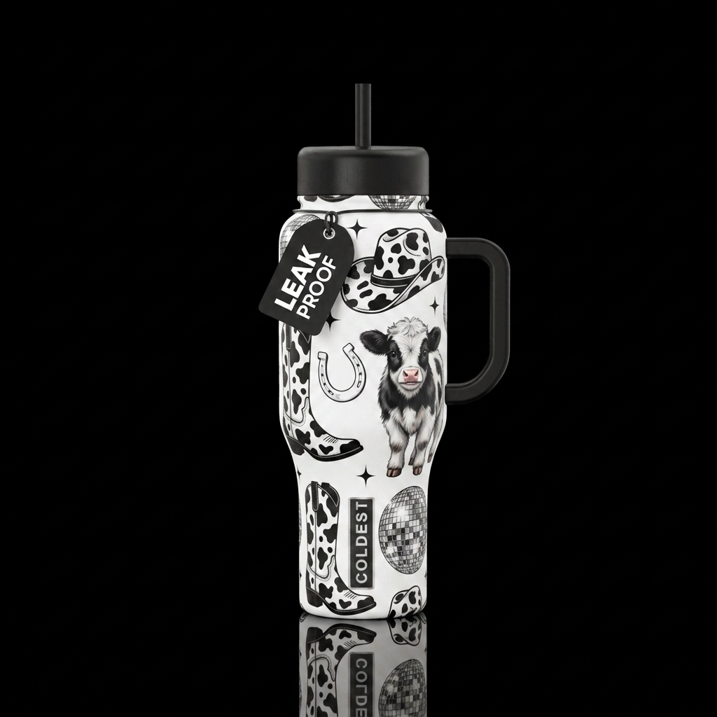 Black base handle and lids black and white cow pri... water bottle design