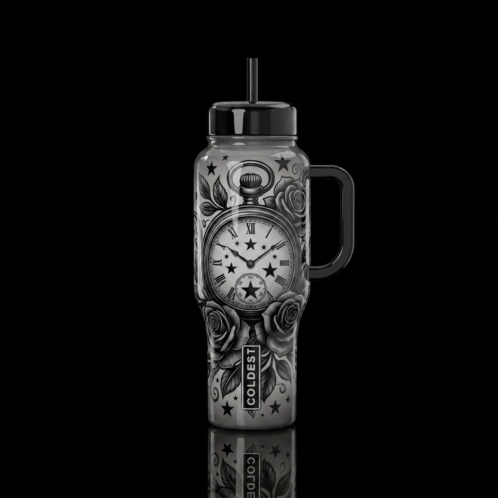 White base handle and lids black and grey image of... water bottle design
