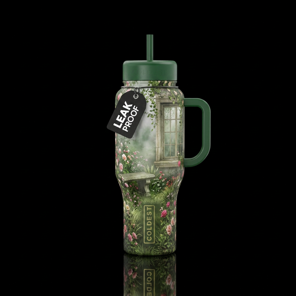 Green base handle and lids a vintage window on the... water bottle design