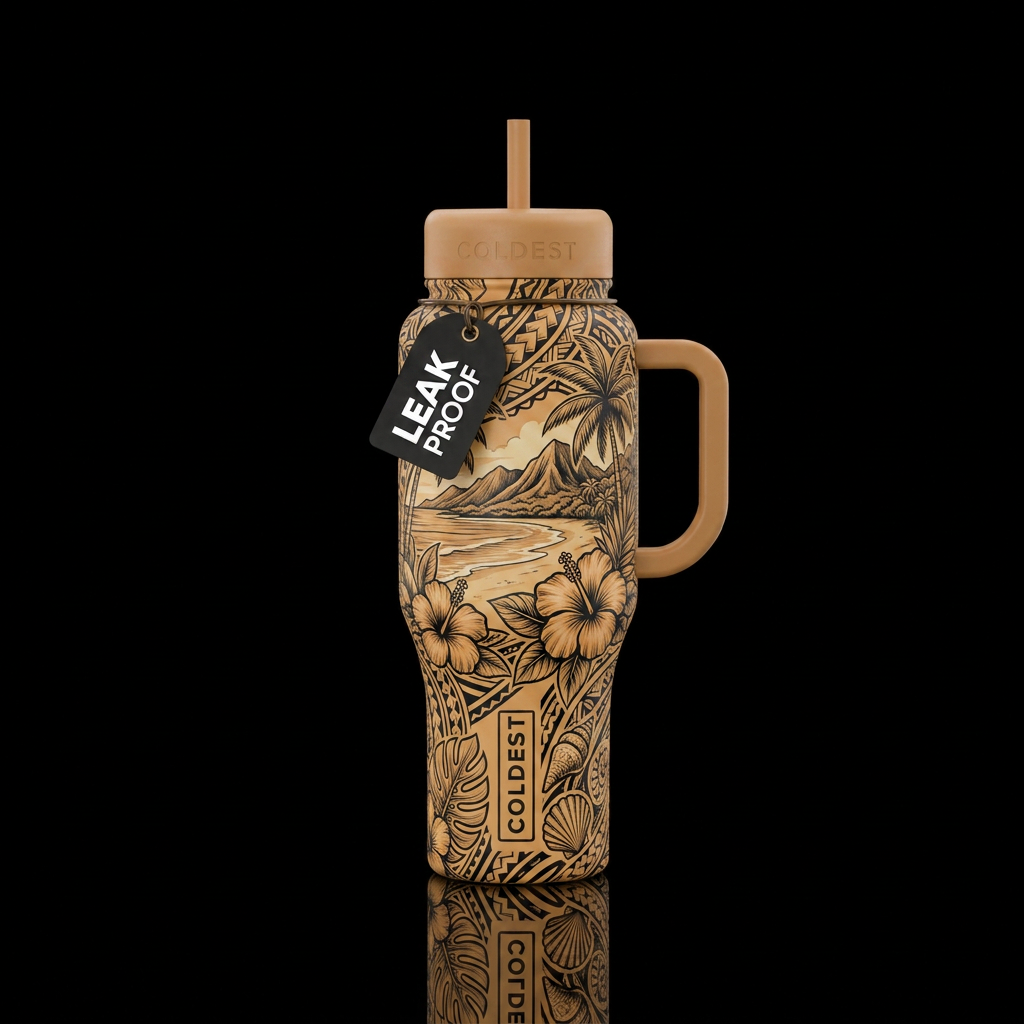Tan with black outlined Hawaiian tribal print base... water bottle design
