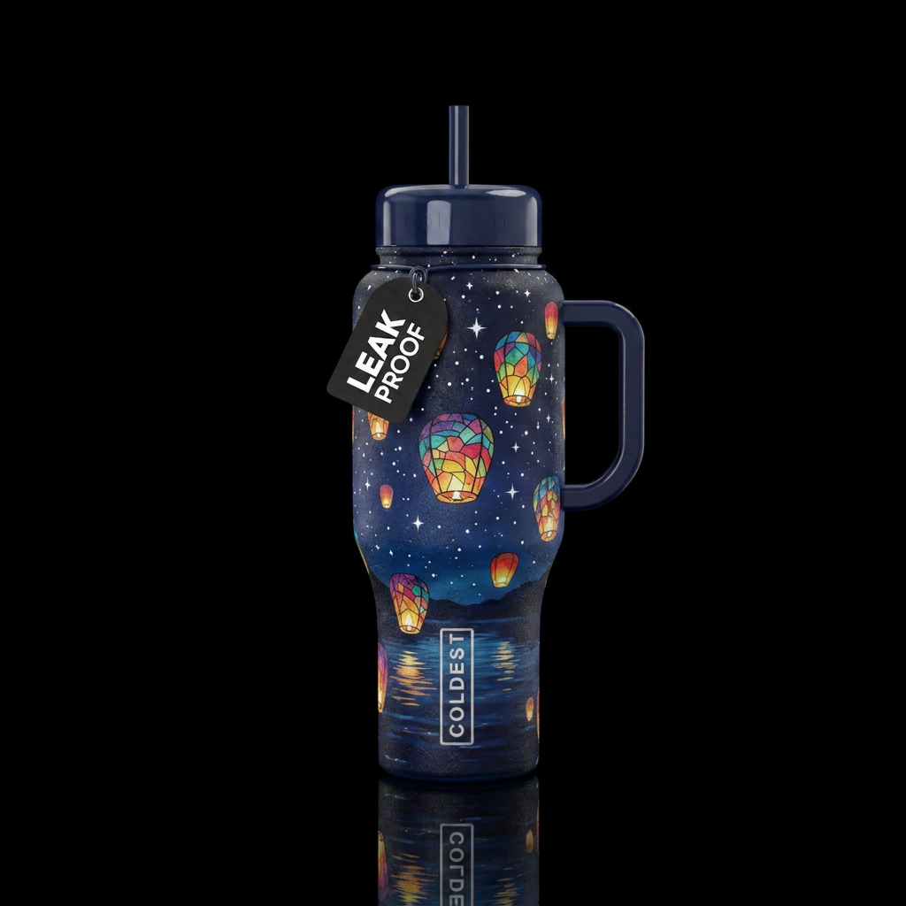 Dark blue base handle and lids realistic lake nigh... water bottle design