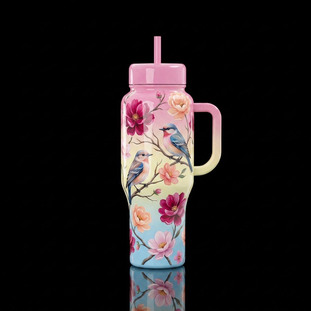 Pink on top light yellow in the middle light blue ... water bottle design