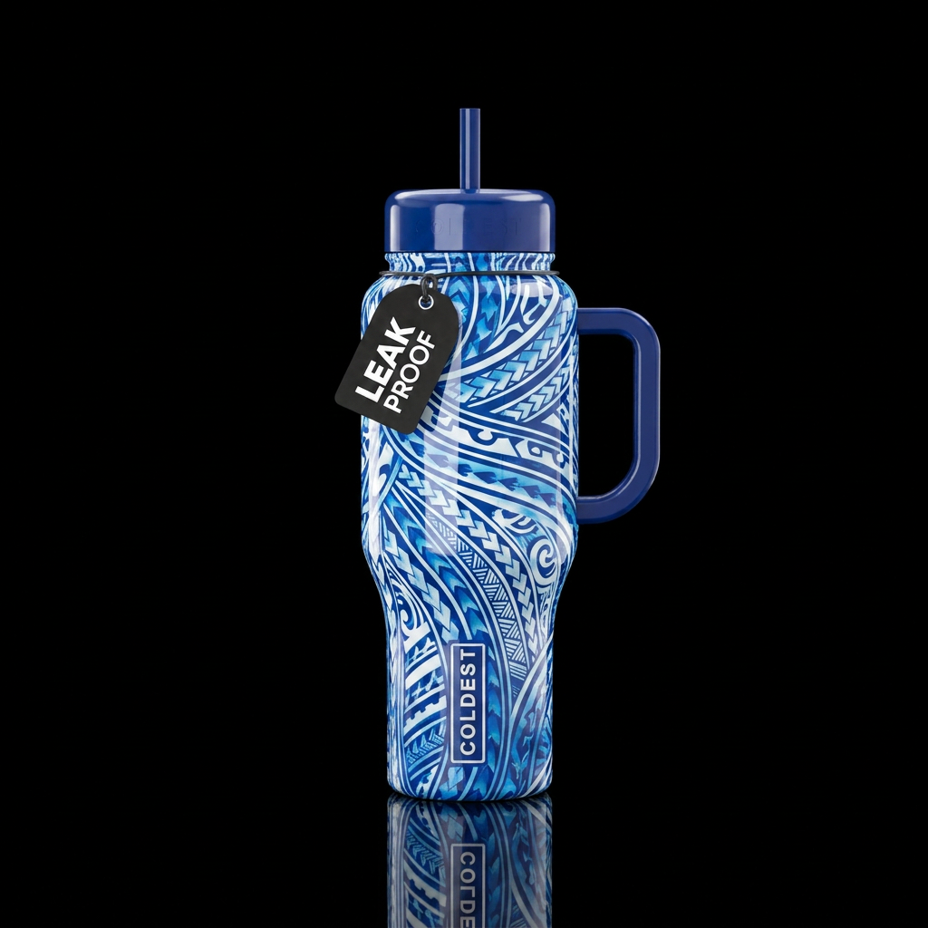 blue and white Hawaiian tribal print base  glossy ... water bottle design