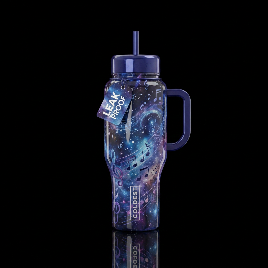 Vibrant cosmic colors space multiple music notes a... water bottle design