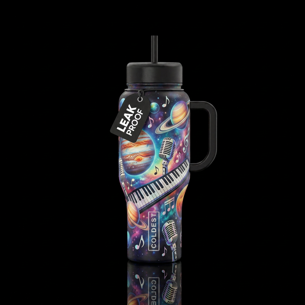 Vivid vibrant space planets and holographic sounds... water bottle design