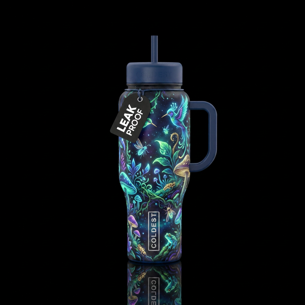 A vibrant vivid bioluminescent glow in the dark my... water bottle design