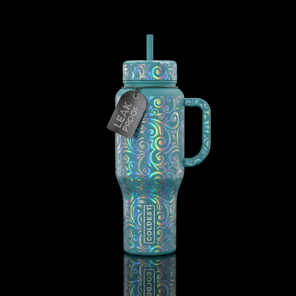 Teal base handle and lids holographic ornamental f... water bottle design