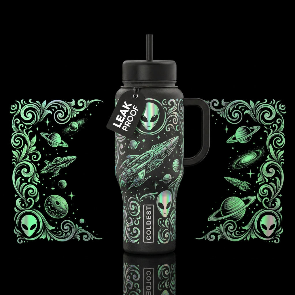Moonlit alien water bottle design