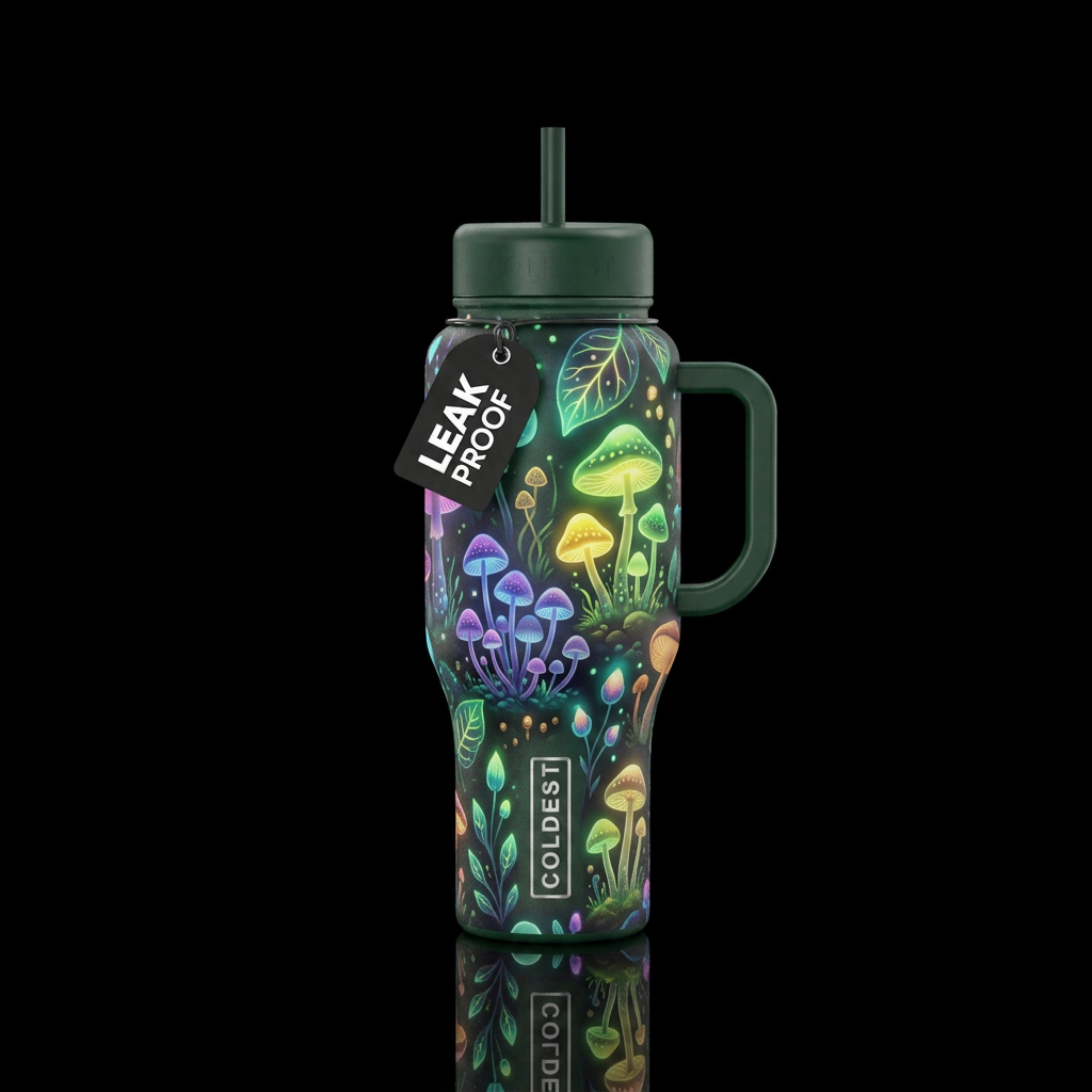 Green base handle and lids whimsical enchanted mul... water bottle design