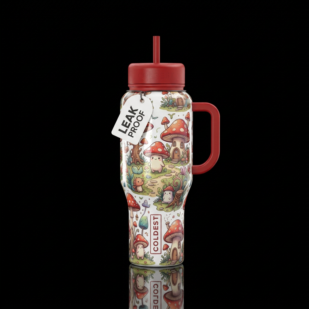 White base red handle and lids multiple cute mushr... water bottle design