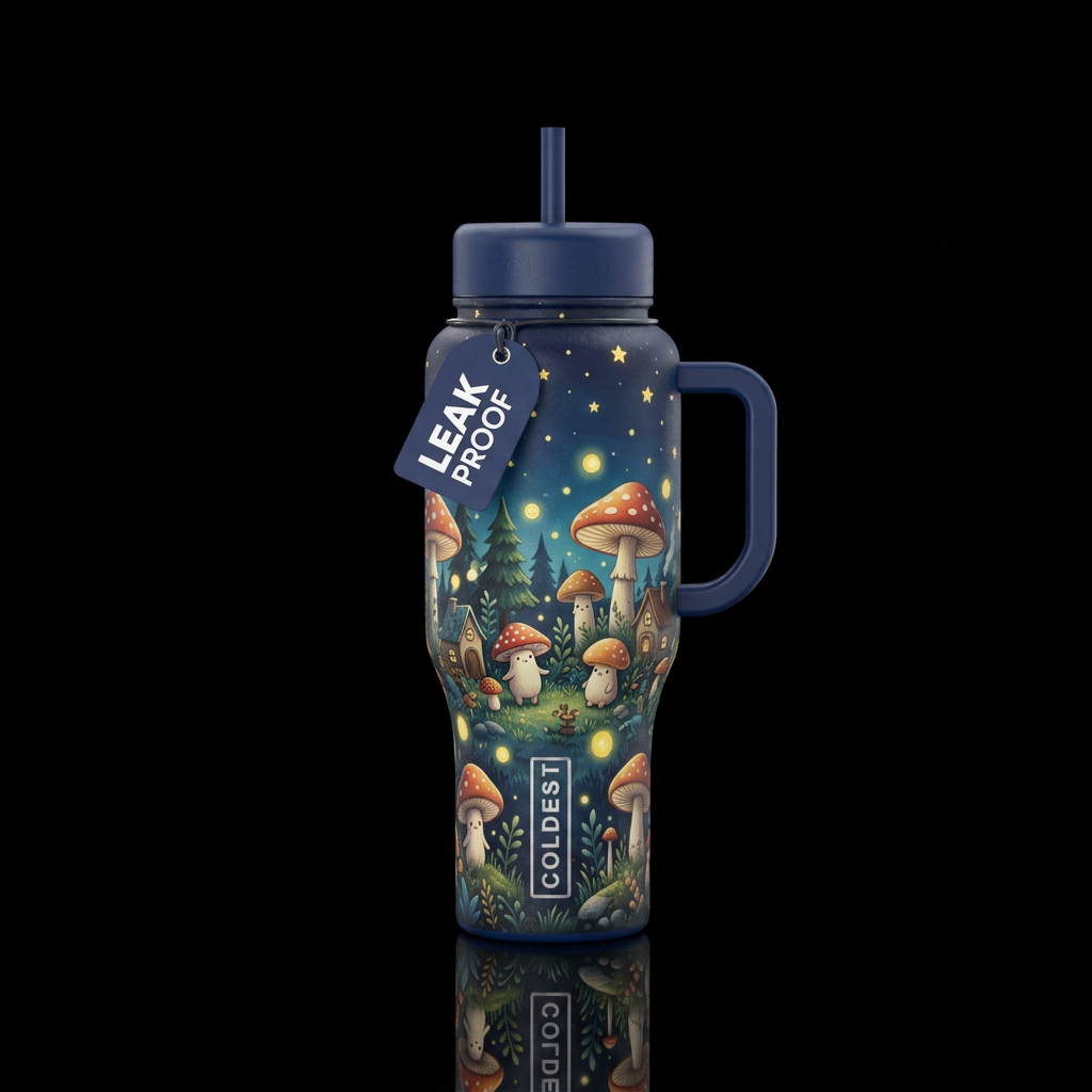 Dark blue base handle and lids multiple cute mushr... water bottle design