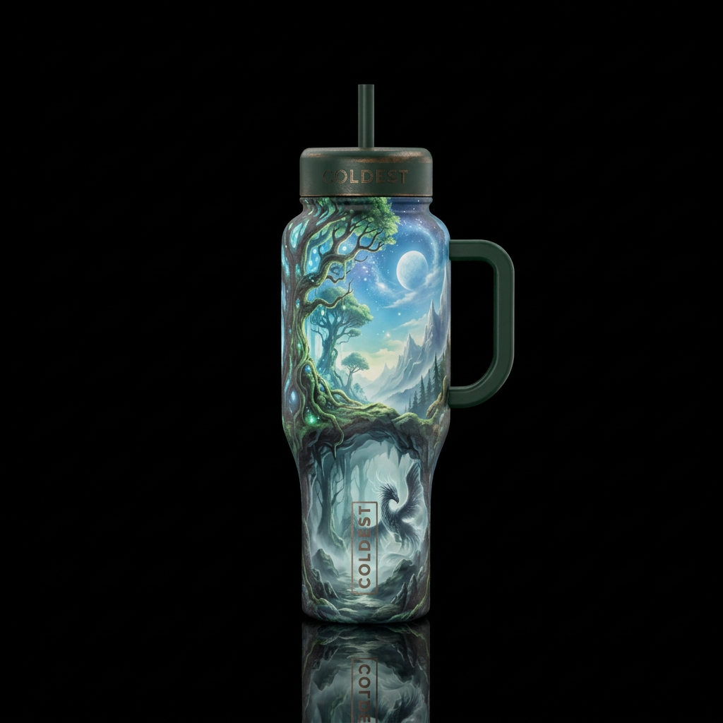 Fantasy forest mountains sky cave transparent myth... water bottle design