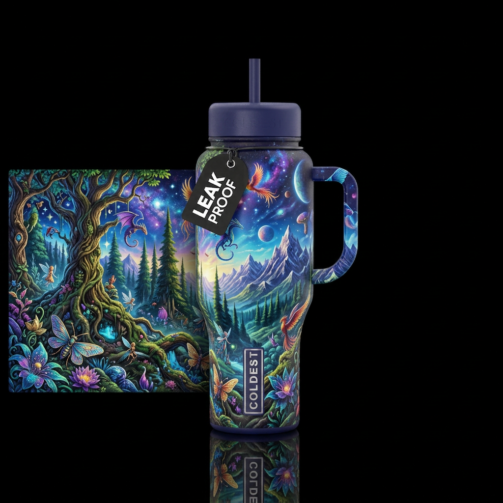 Beautiful fantasy world trees forest mountains sky... water bottle design