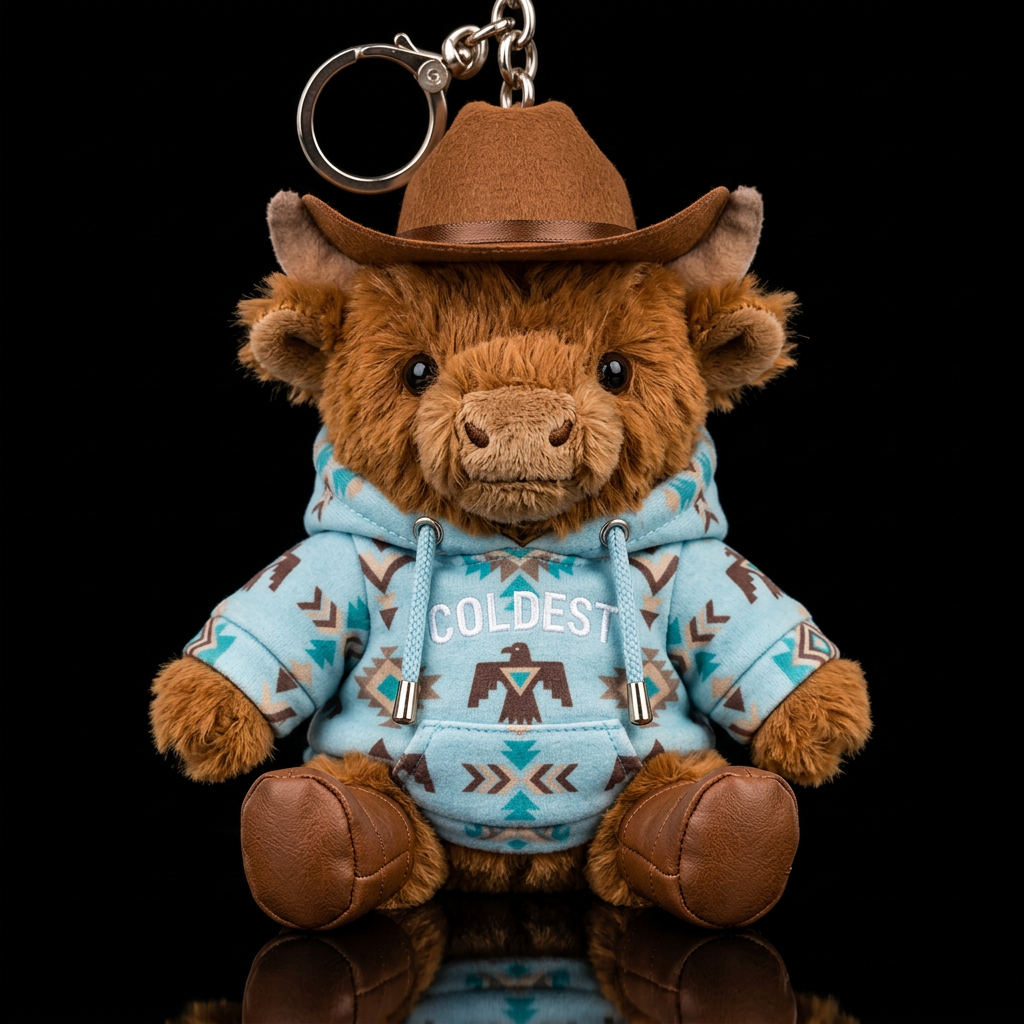 A realistic long hair brown highland cow calf with... water bottle design