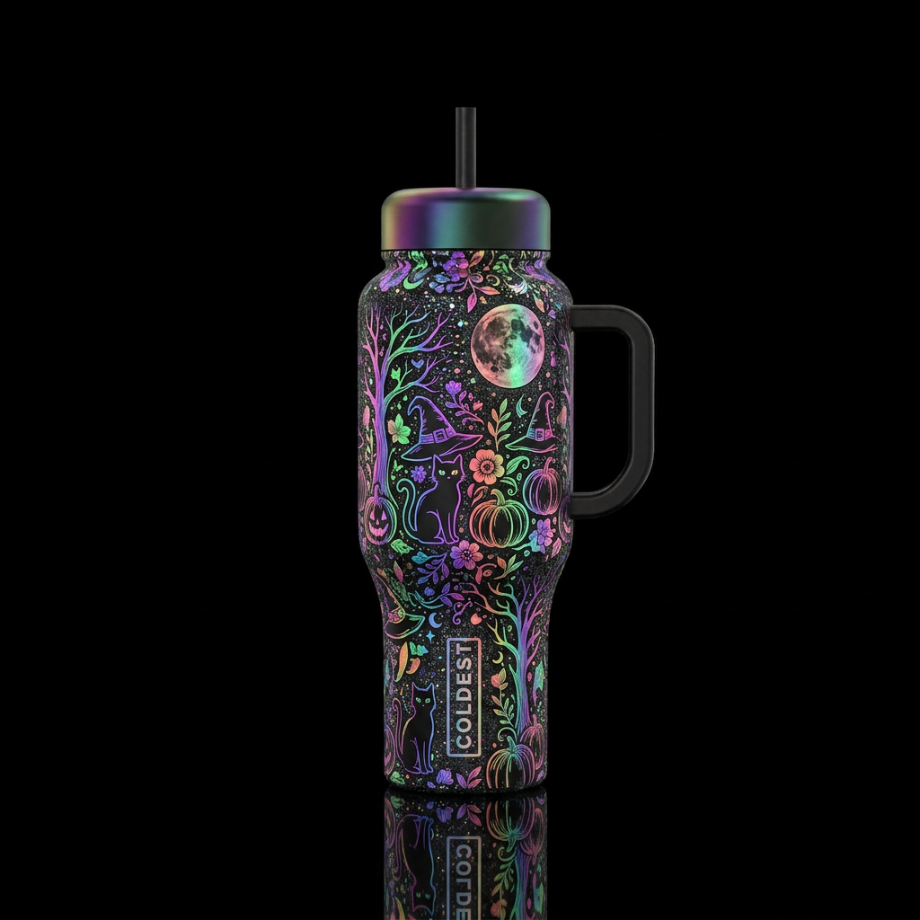 Black base handle and lids multiple different holo... water bottle design