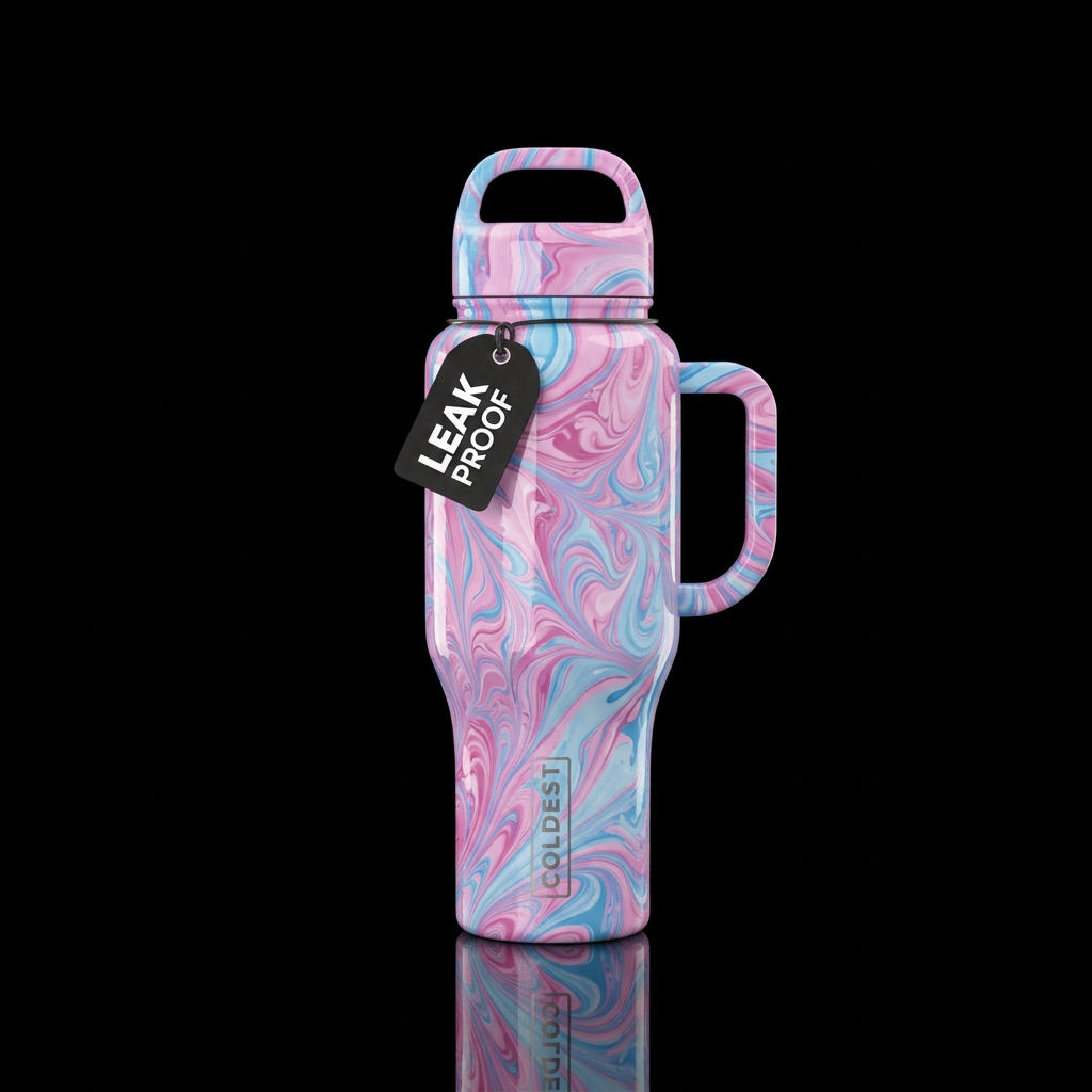 Pink and light blue filigree swirl acrylic fluid p... water bottle design