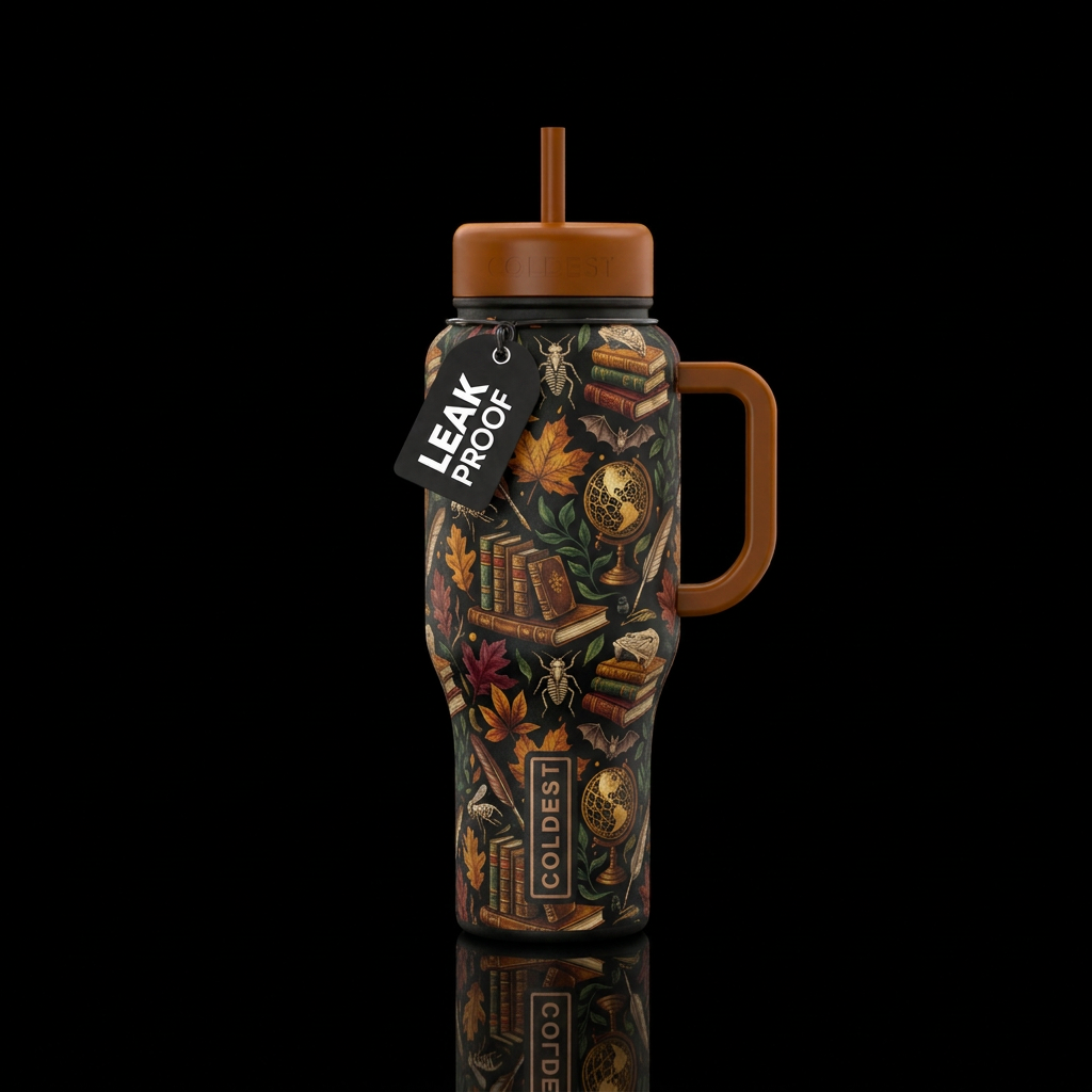 Black base handle and lids dark academia fall desi... water bottle design