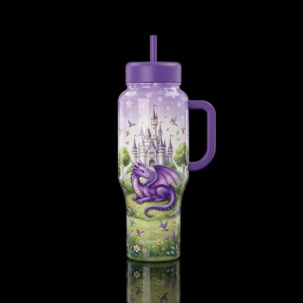 Violet purple base handle and lids white fairytale... water bottle design