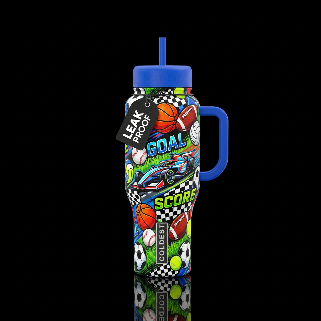 Create a bold, high-energy sports-themed bottle fe... water bottle design