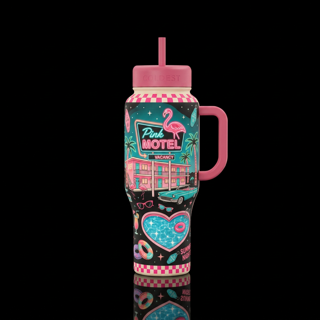 Create a fun “Pink Motel Summer” water bottle desi... water bottle design