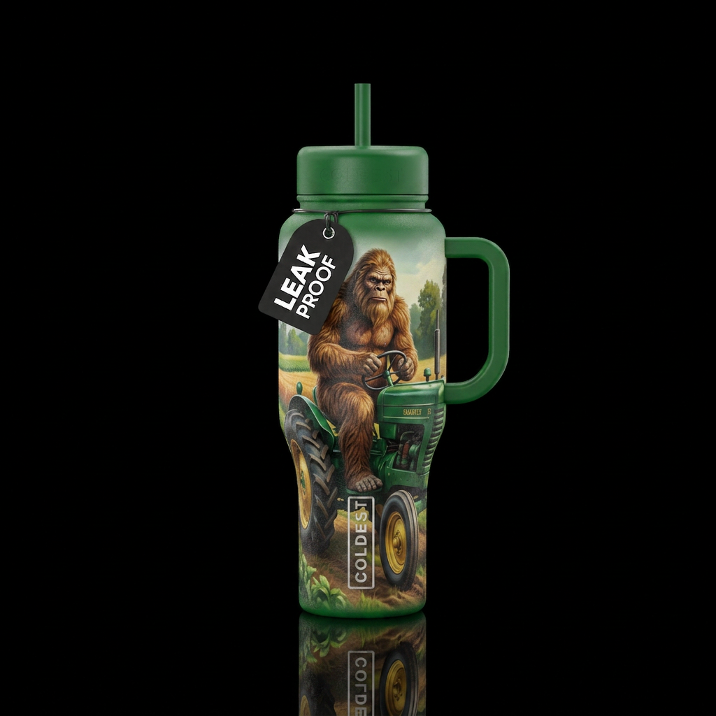 Sasquatch riding a green tractor water bottle design