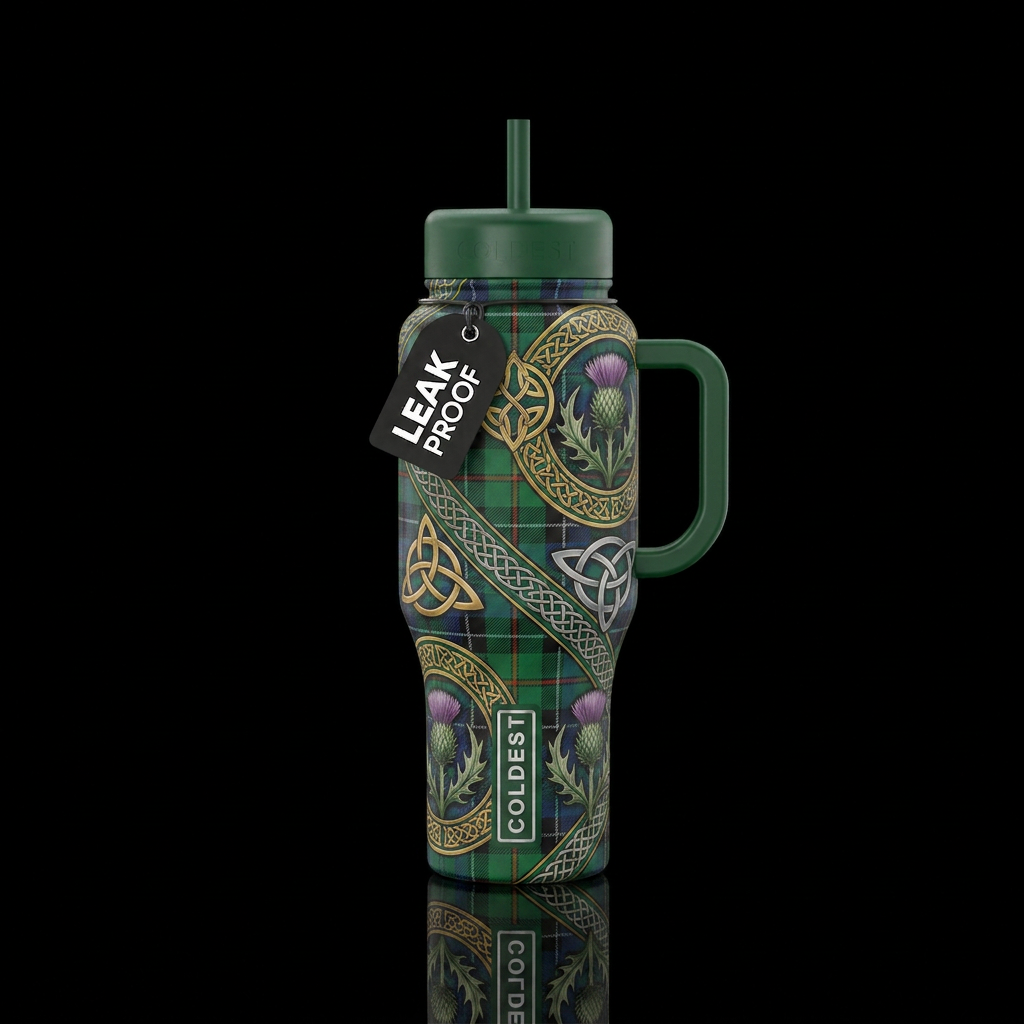 Celtic kilt with thistles and Celtic symbols water bottle design