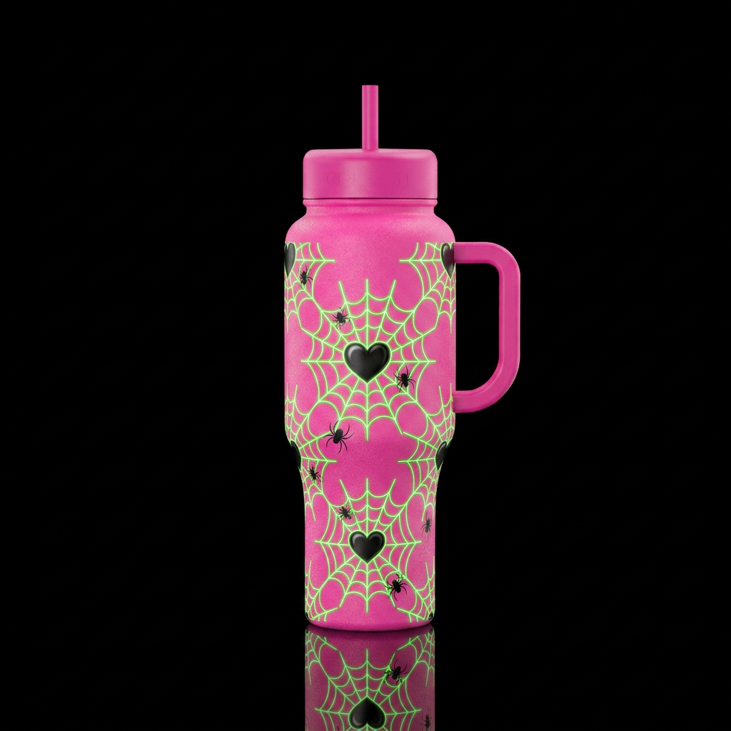 Hot pink cup with neon green glowy spider webs, bl... water bottle design