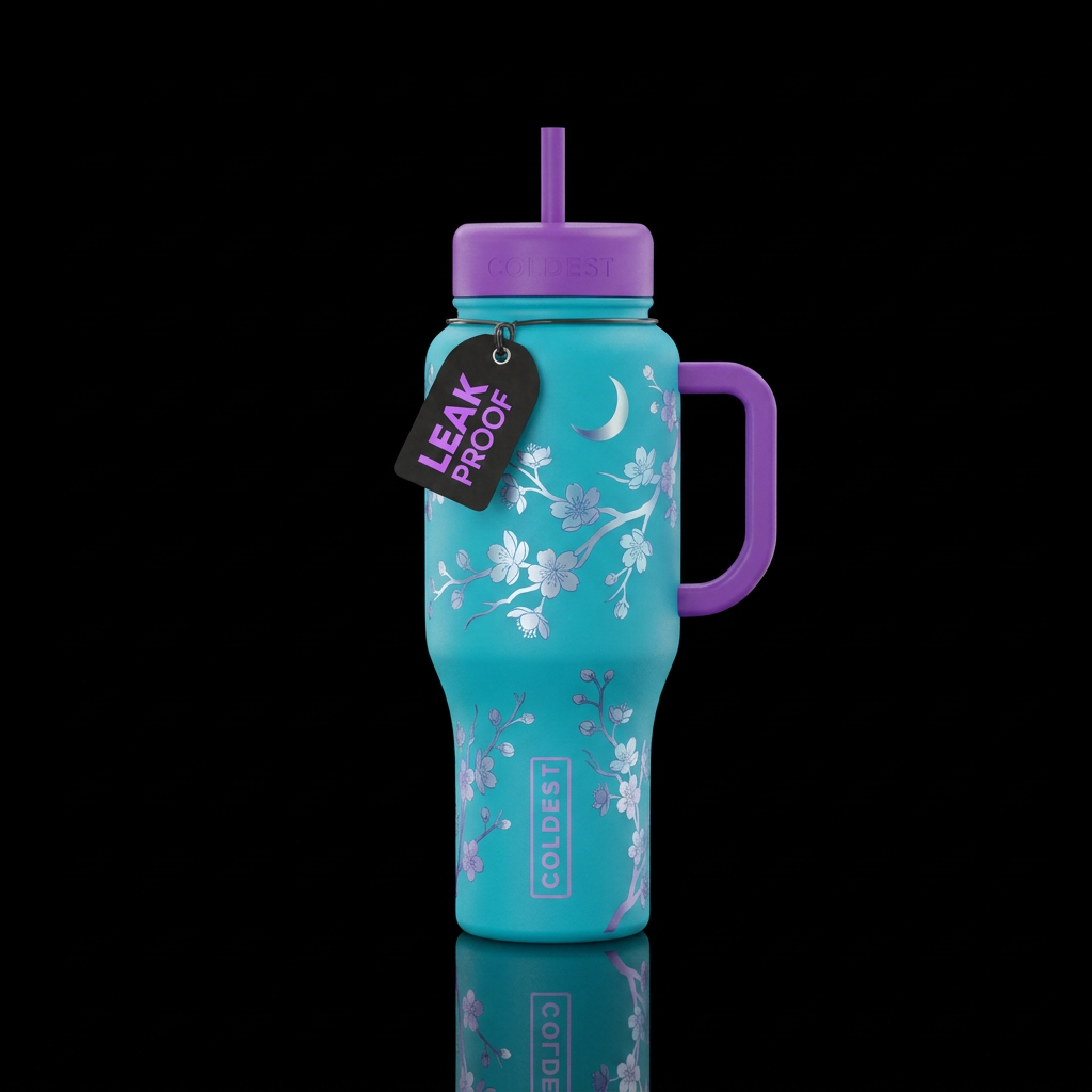 Moonlight cherry design with aqua or Caribbean blu... water bottle design