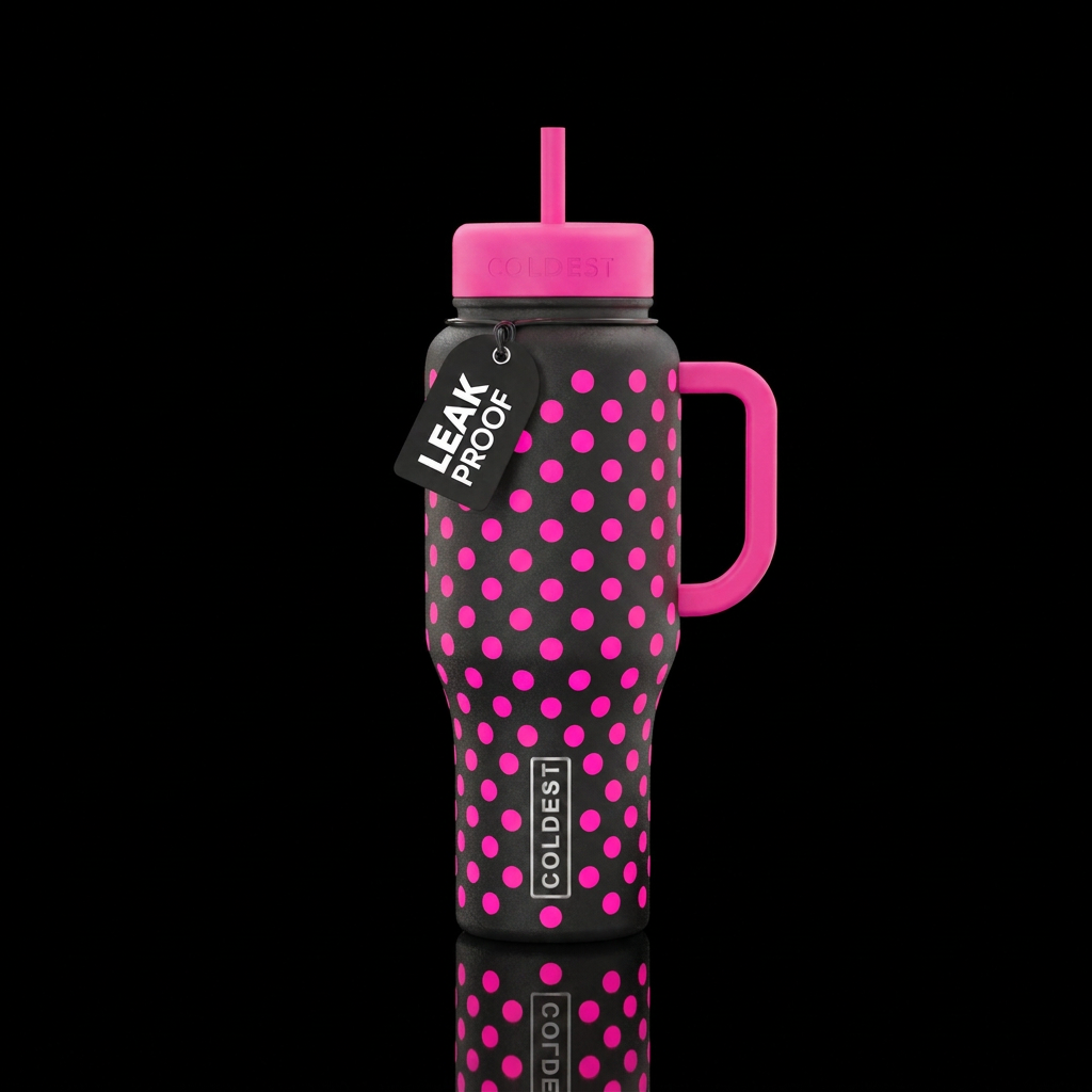 32 oz go matte black with neon pink polka dots water bottle design