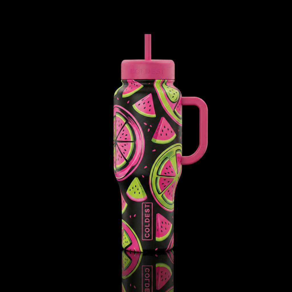 Black background with hot pink and lime green plat... water bottle design