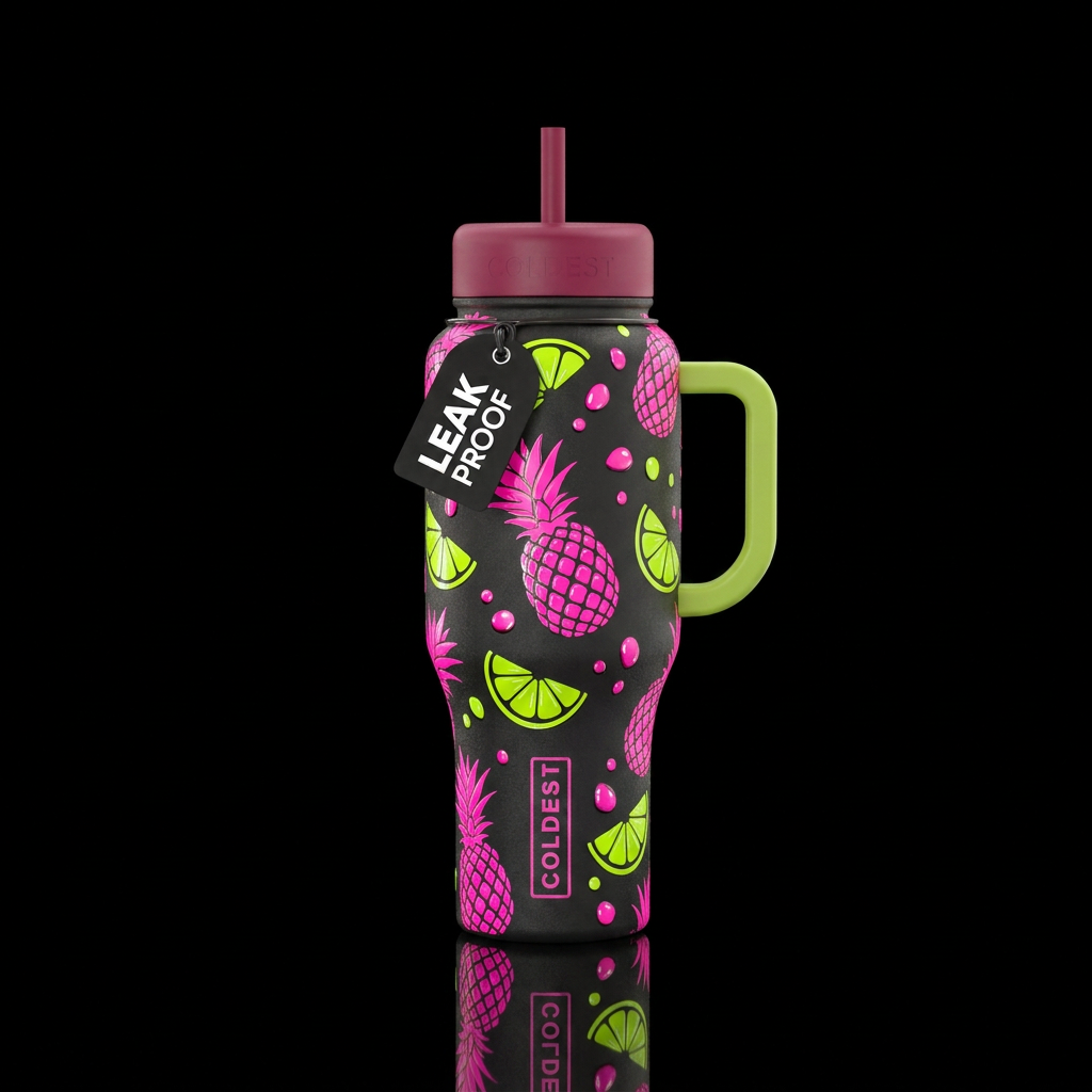 Matte black with vibrant neon-pink pineapples, ele... water bottle design