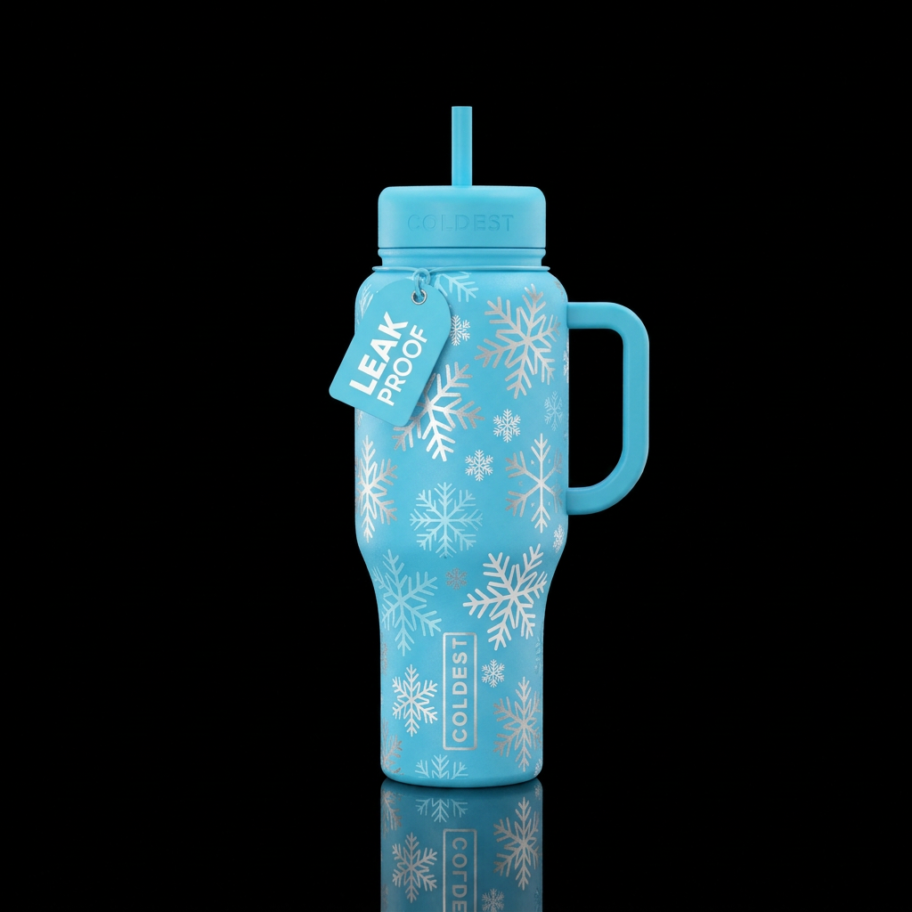 Snowflakes of different sizes in light blue, white... water bottle design