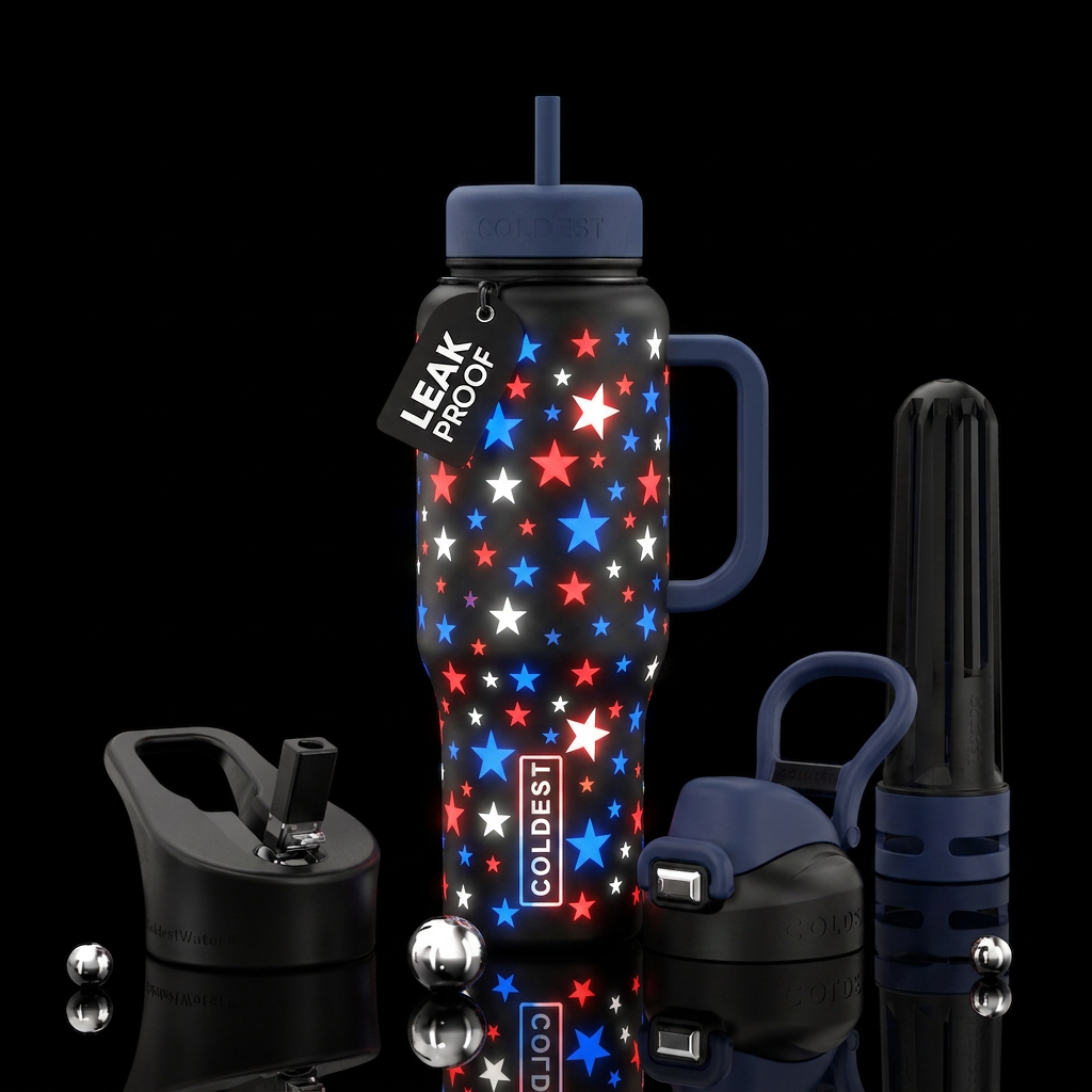 Red, white, blue stars, all different sizes, all t... water bottle design