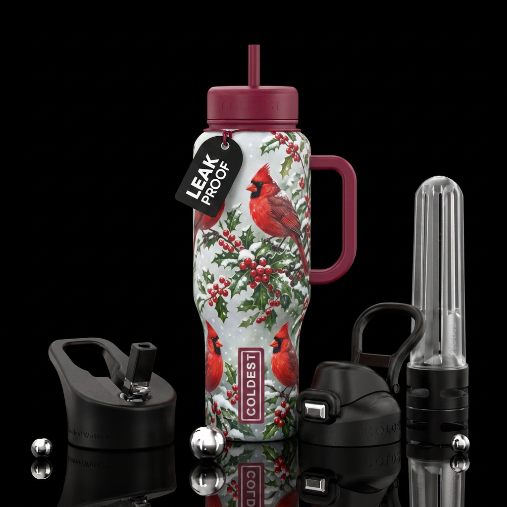 Red Cardinals sitting in a Holly Berry Bush with s... water bottle design