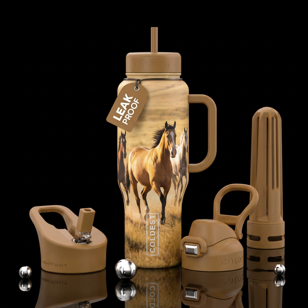 Wild horses-different breeds running free on the p... water bottle design