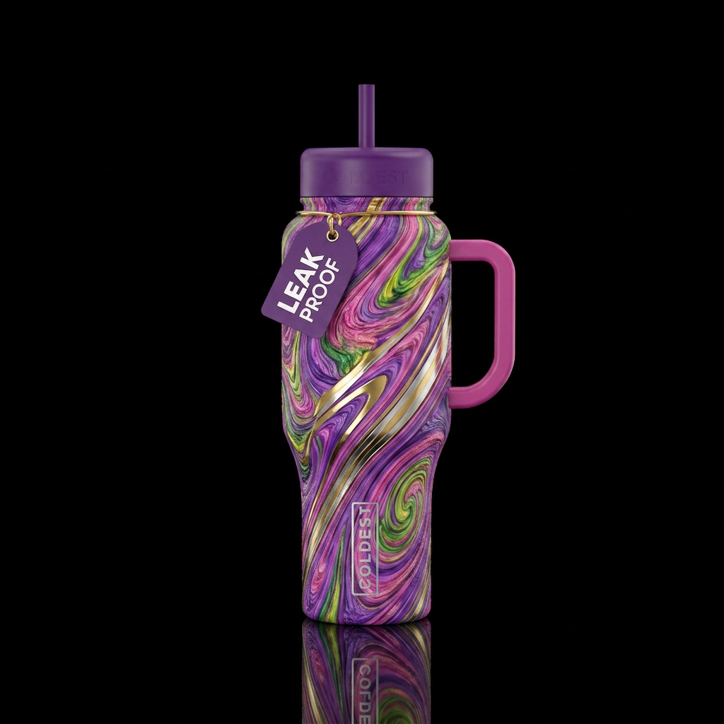 purple, pink, green, yellow swirls with Gold & Sil... water bottle design