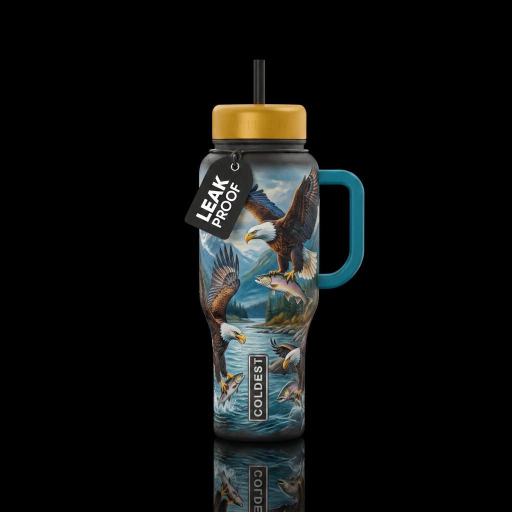 American Bald eagles catching fis and fly off with... water bottle design